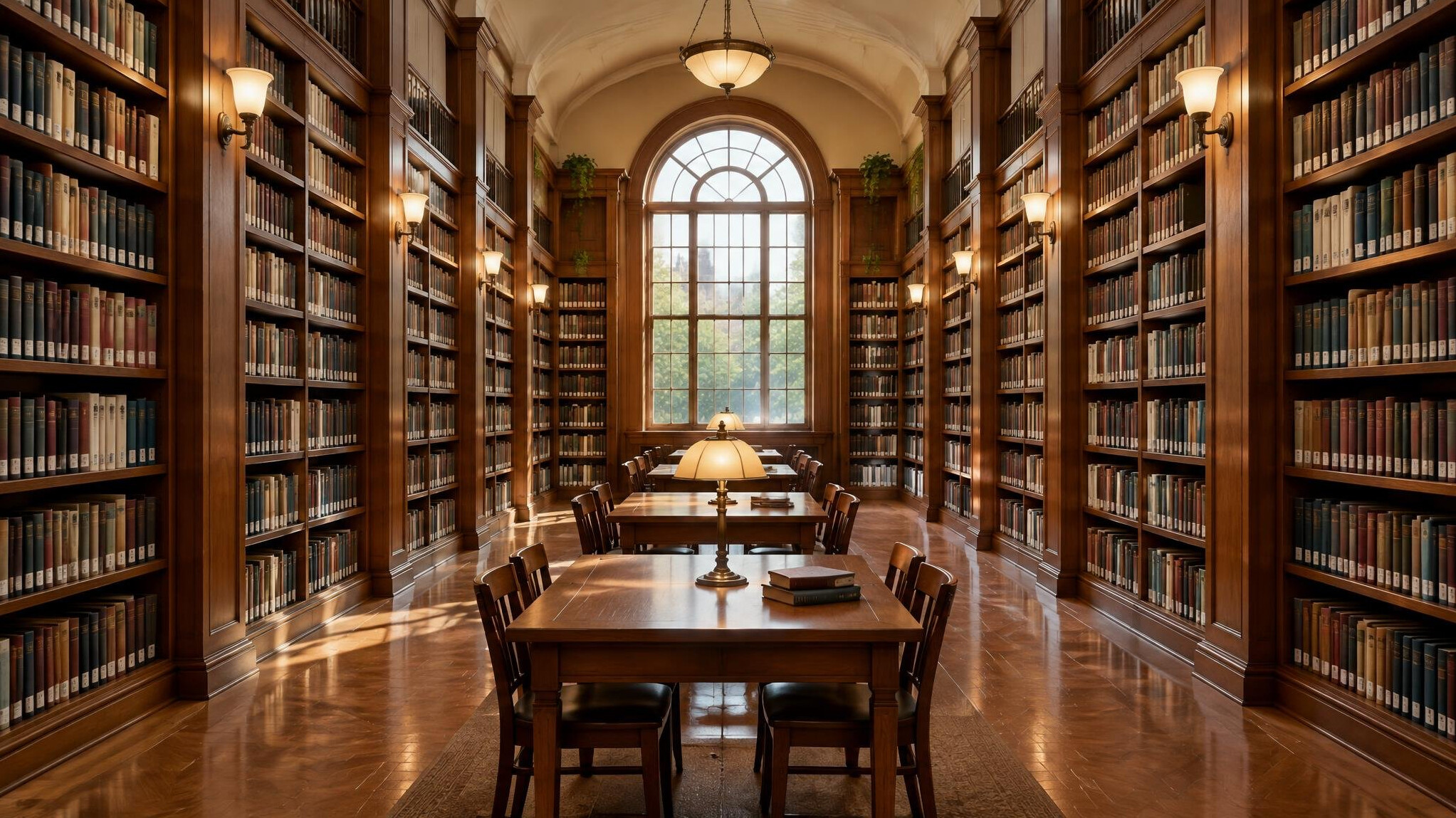 Tall library shelves filled with books