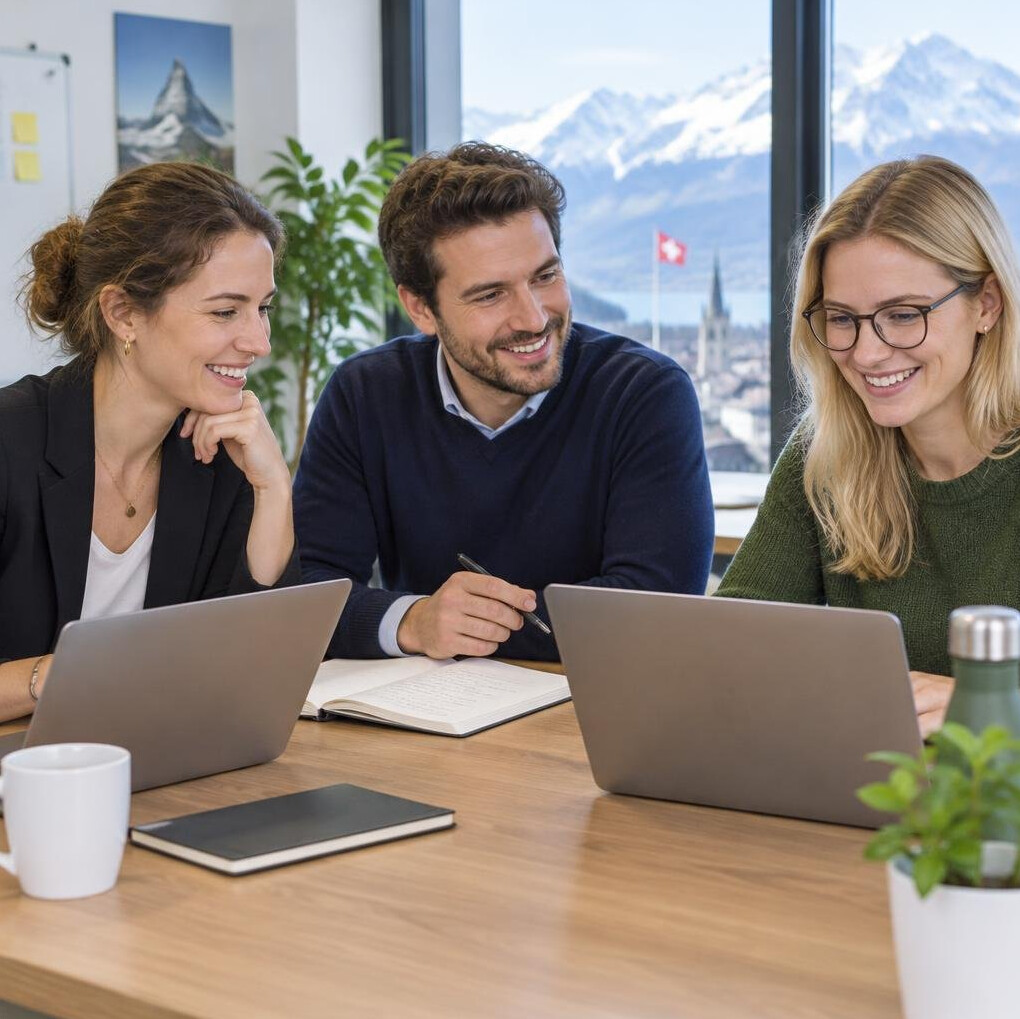 Smiling colleagues working together at a table with laptops