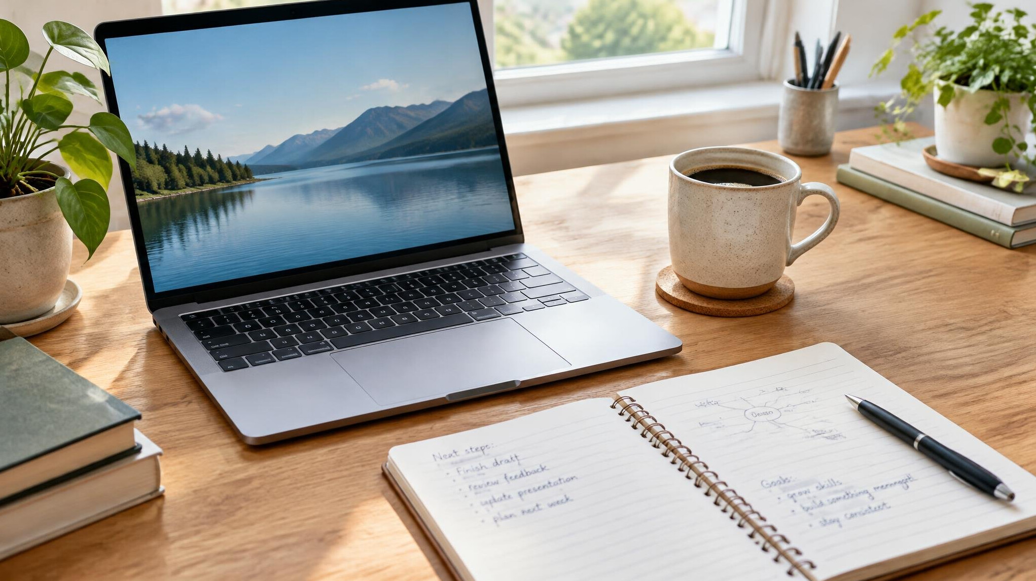 Laptop, notebook and coffee on a bright desk for professional learning