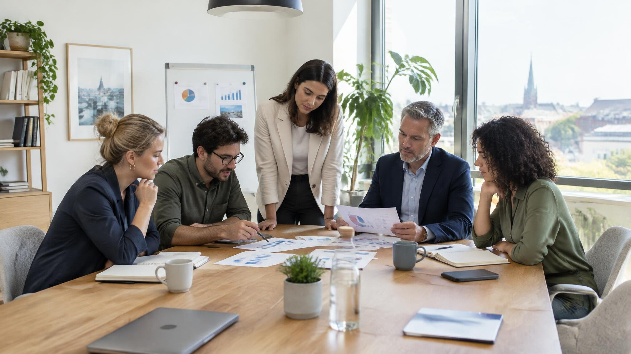 Colleagues reviewing analytical documents together around a table