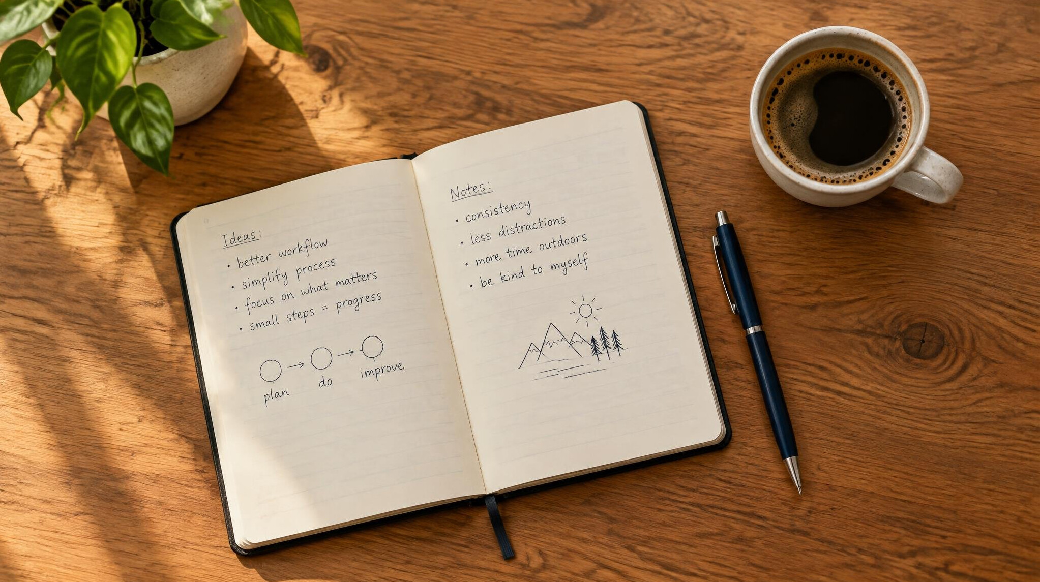 Open notebook with handwritten notes and a pen on a desk